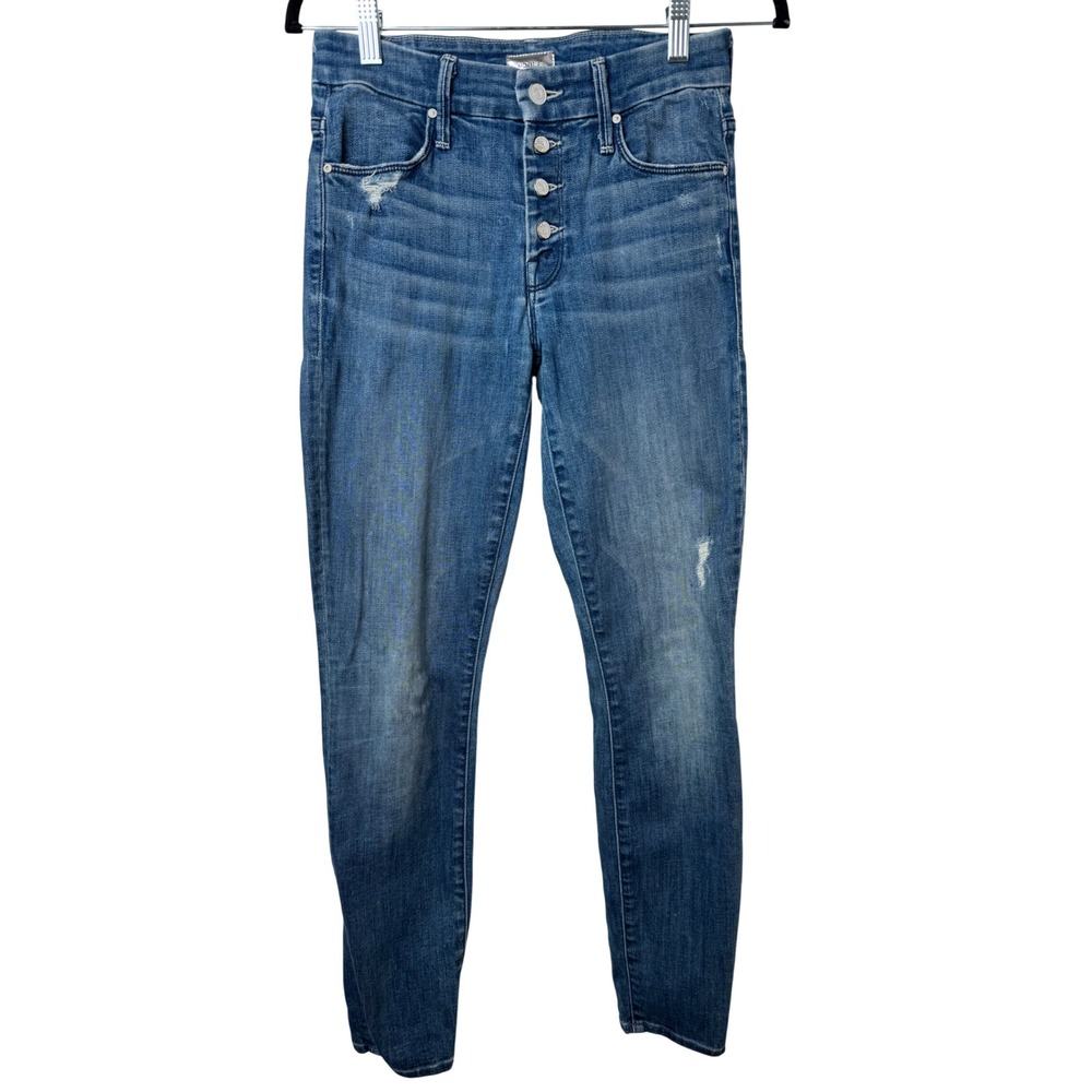 Mother The Pixie Jeans Women 26 Blue Graffiti Girl High Rise Button Fly Skinny